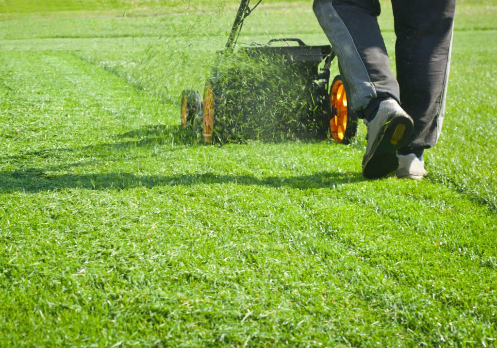 Professional lawn maintenance worker mowing a lush green lawn in Palm Coast, FL