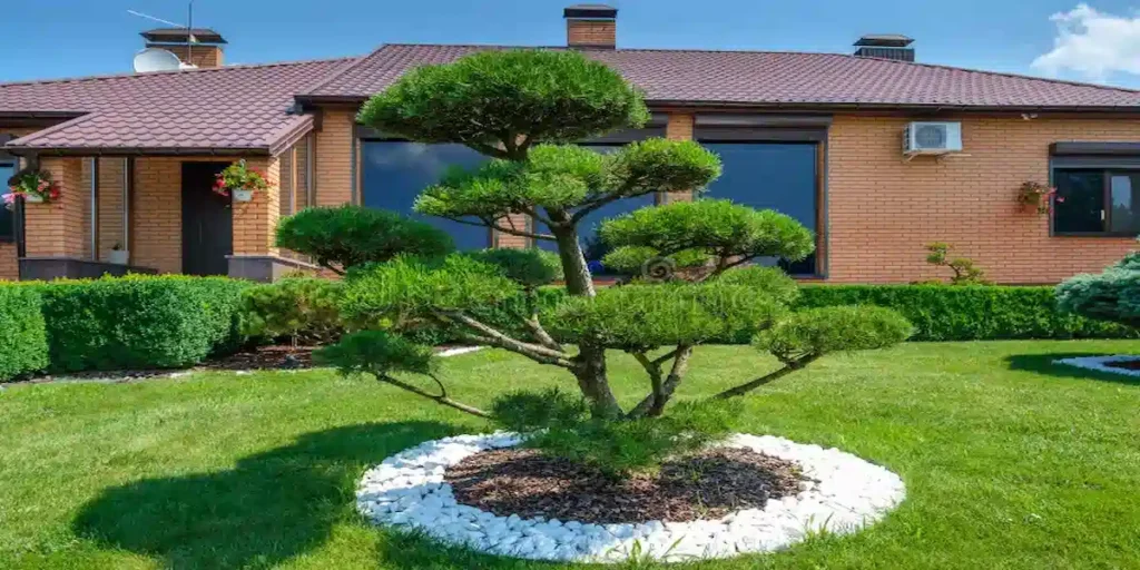 Bonsai landscapes tree in front of a villa