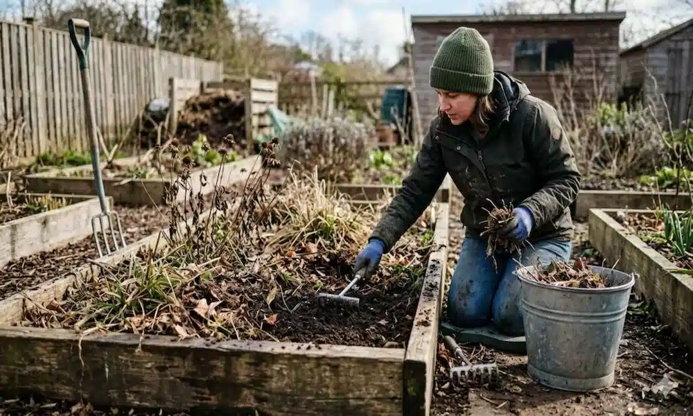 a women clean the garden bed