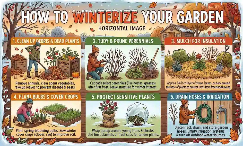 Infographic showing six steps to winterize a garden before cold weather