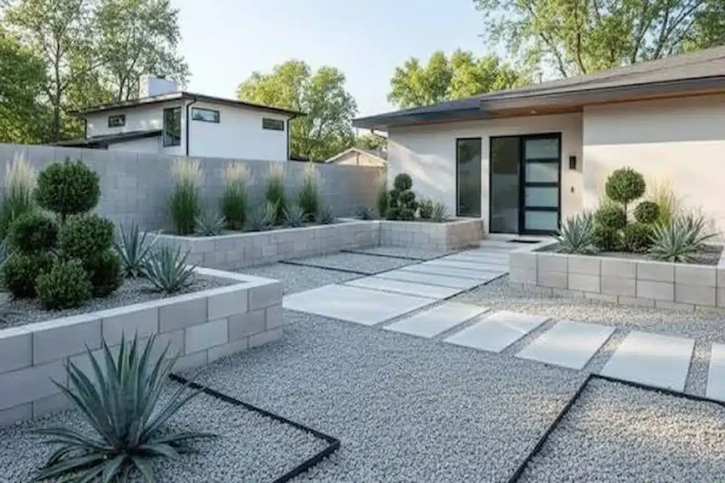 Pea gravel landscaping with large concrete paver walkway, block planter walls, agave and boxwood in a modern front yard