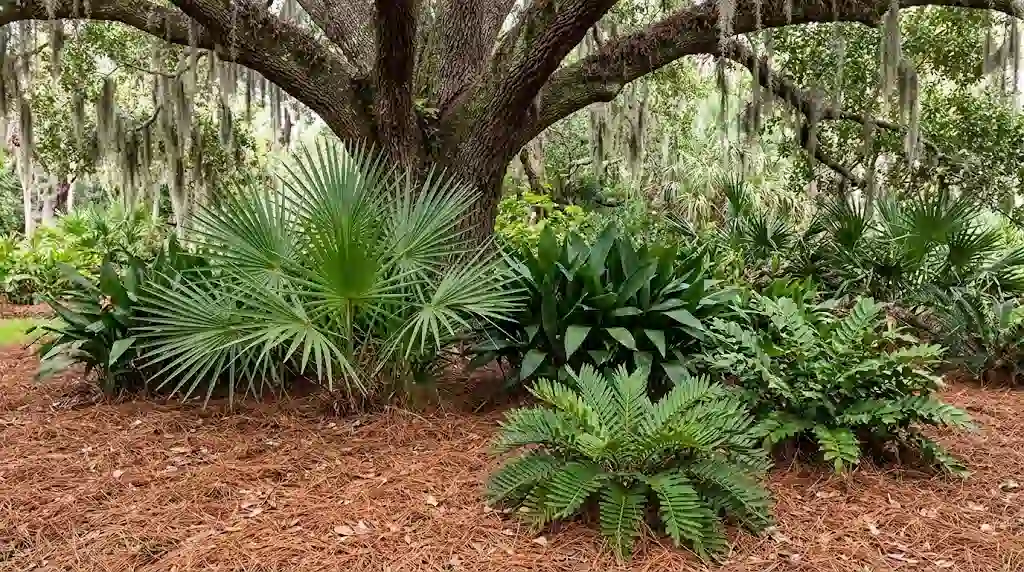 Shaded garden bed under a live oak with Spanish moss, planted with a needle palm, cast iron plant, holly fern, and coontie in pine straw mulch