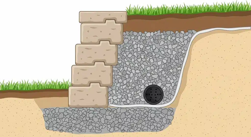 Diagram showing a cross-section of a retaining wall with gravel backfill and a drainage pipe.