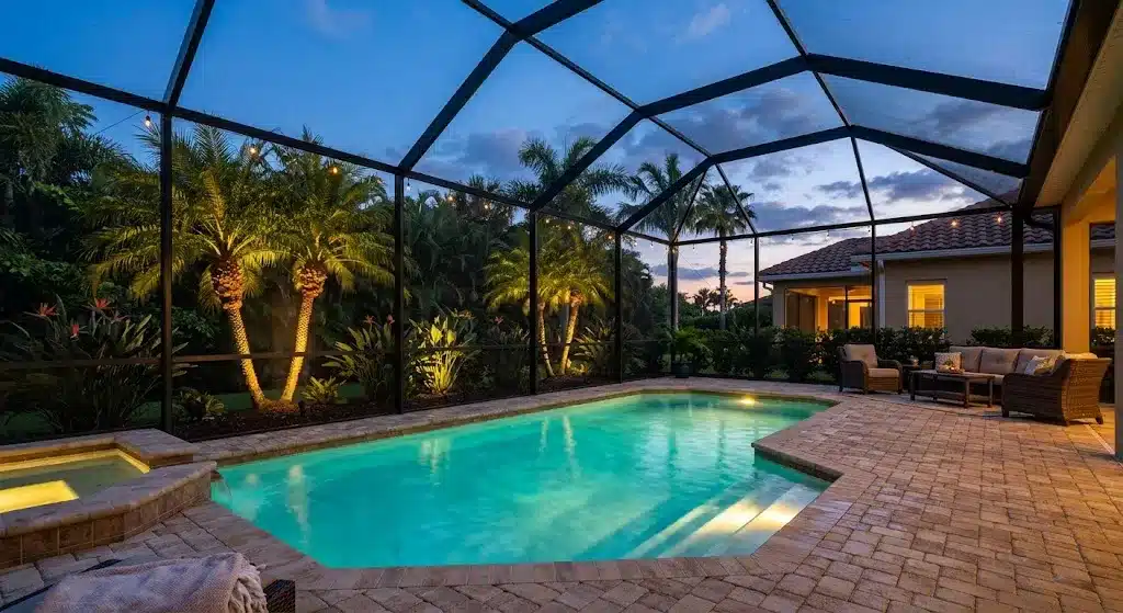 Screened pool enclosure at dusk in Palm Coast, Florida with uplit palm trees, bird of paradise, string lights, a spillover spa, and a tan paver deck with patio seating