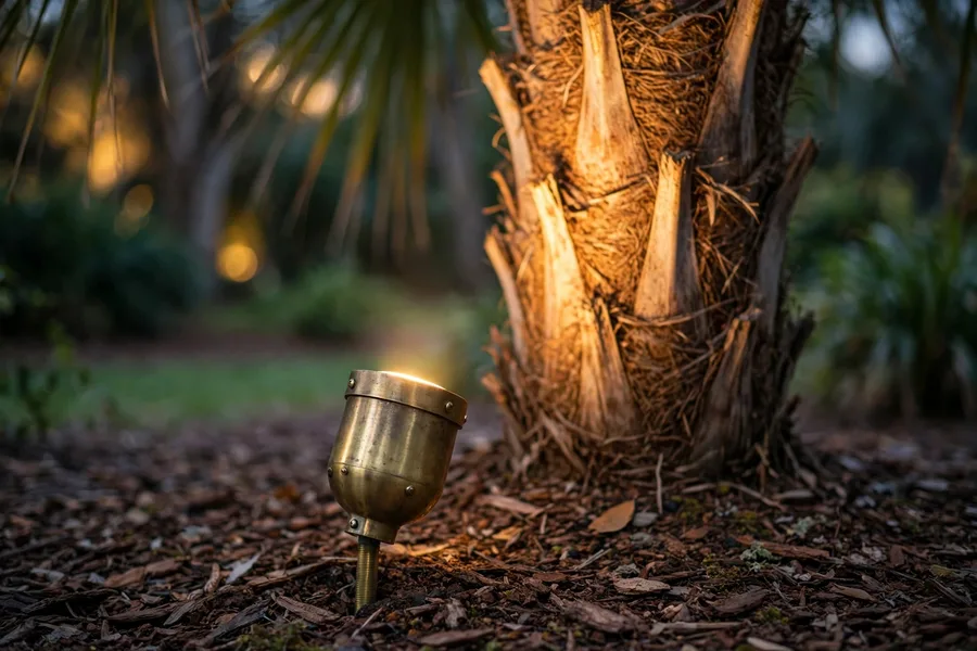Brass landscape uplight at the base of a palm tree