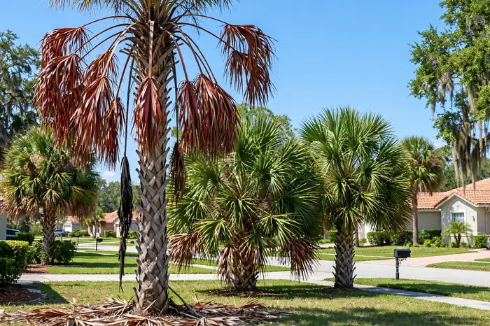 Tall cabbage palm with reddish-bronze dying fronds beside healthy green sabal palms in a Florida neighborhood
