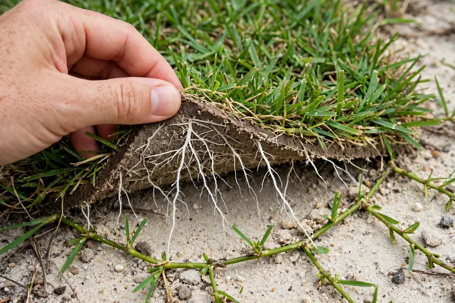 Hand lifting a corner of new sod to check the roots