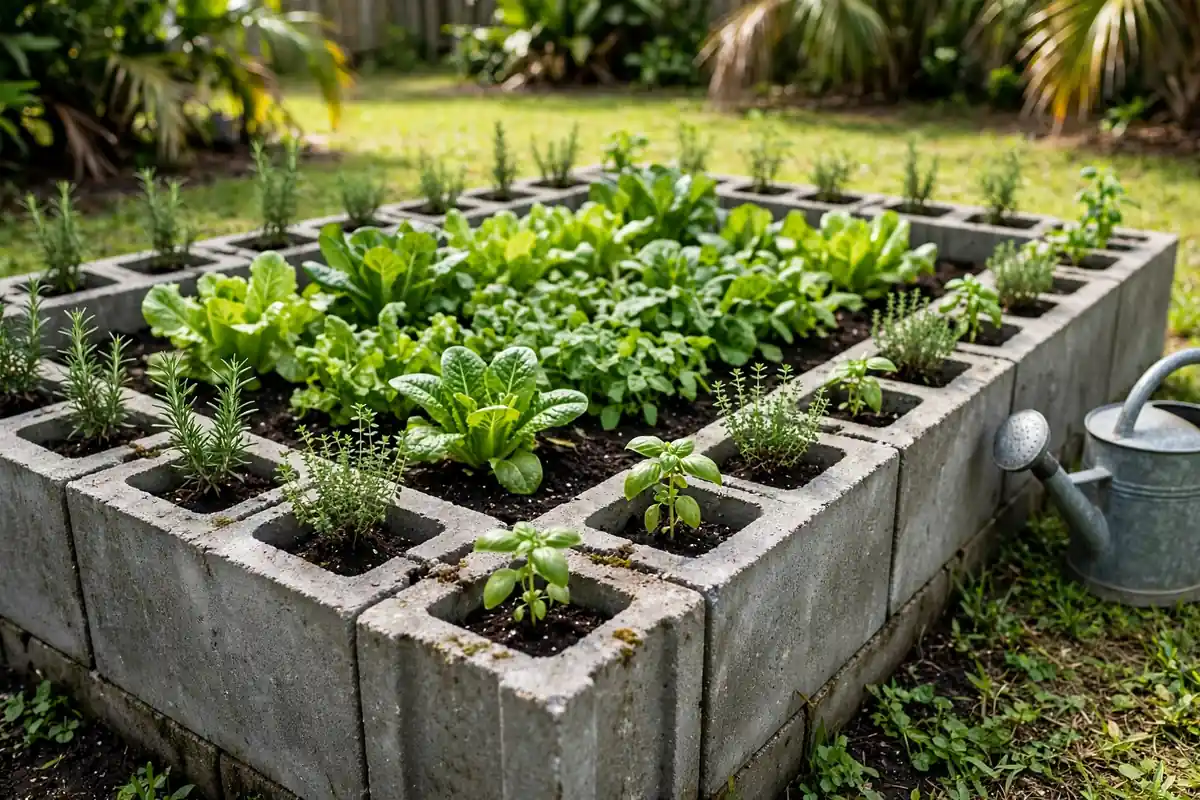A concrete block raised garden bed filled with lettuce and leafy greens, with rosemary, thyme and basil growing in the hollow block cells