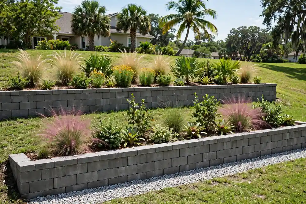 Two terraced concrete block retaining walls on a grassy Florida slope, planted with ornamental grasses, bromeliads and shrubs, with gravel at the base