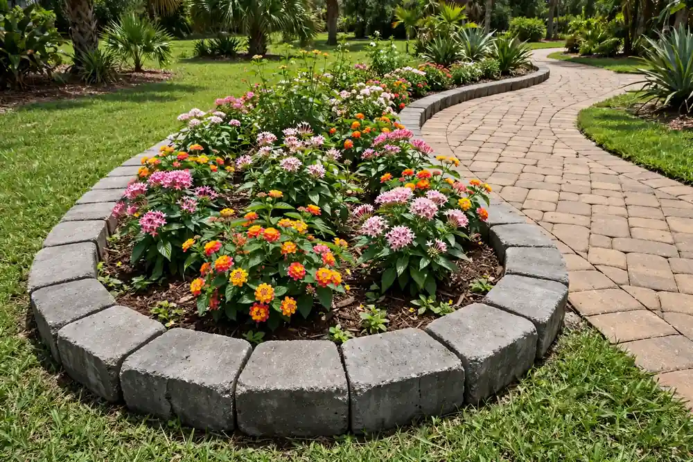 A curved concrete block border around a flower bed of pink pentas and orange lantana, with mulch inside and a paver walkway curving past