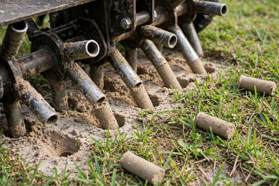 Core aerator pulling soil plugs from a lawn