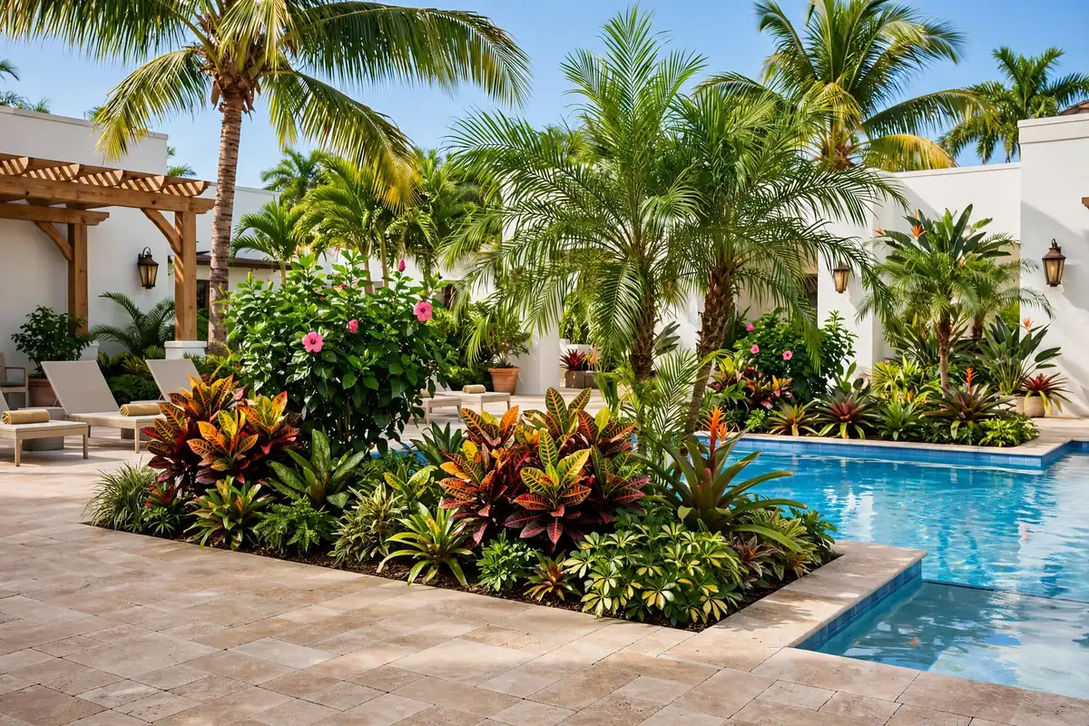 Pool-side Florida courtyard with palm trees, tropical planting and clean pavers beside the water