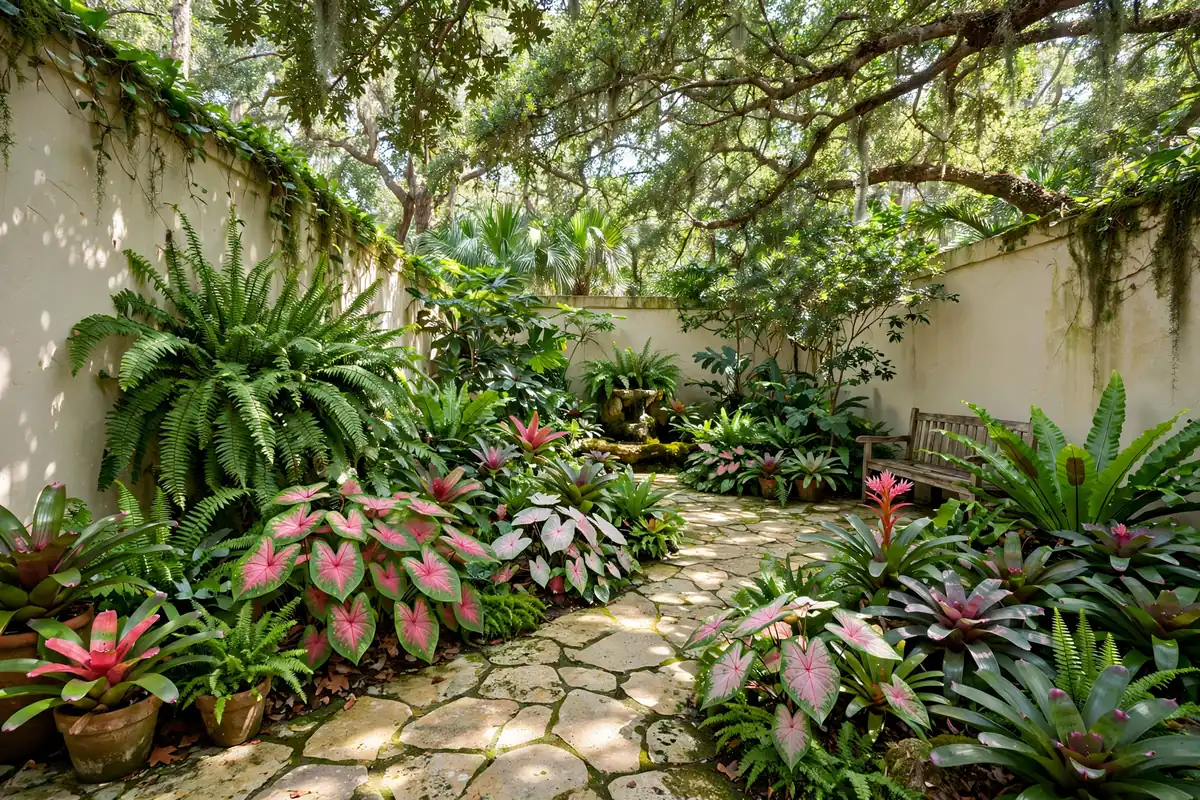 Shaded Florida courtyard garden with lush tropical plants, ferns and bromeliads around stone pavers