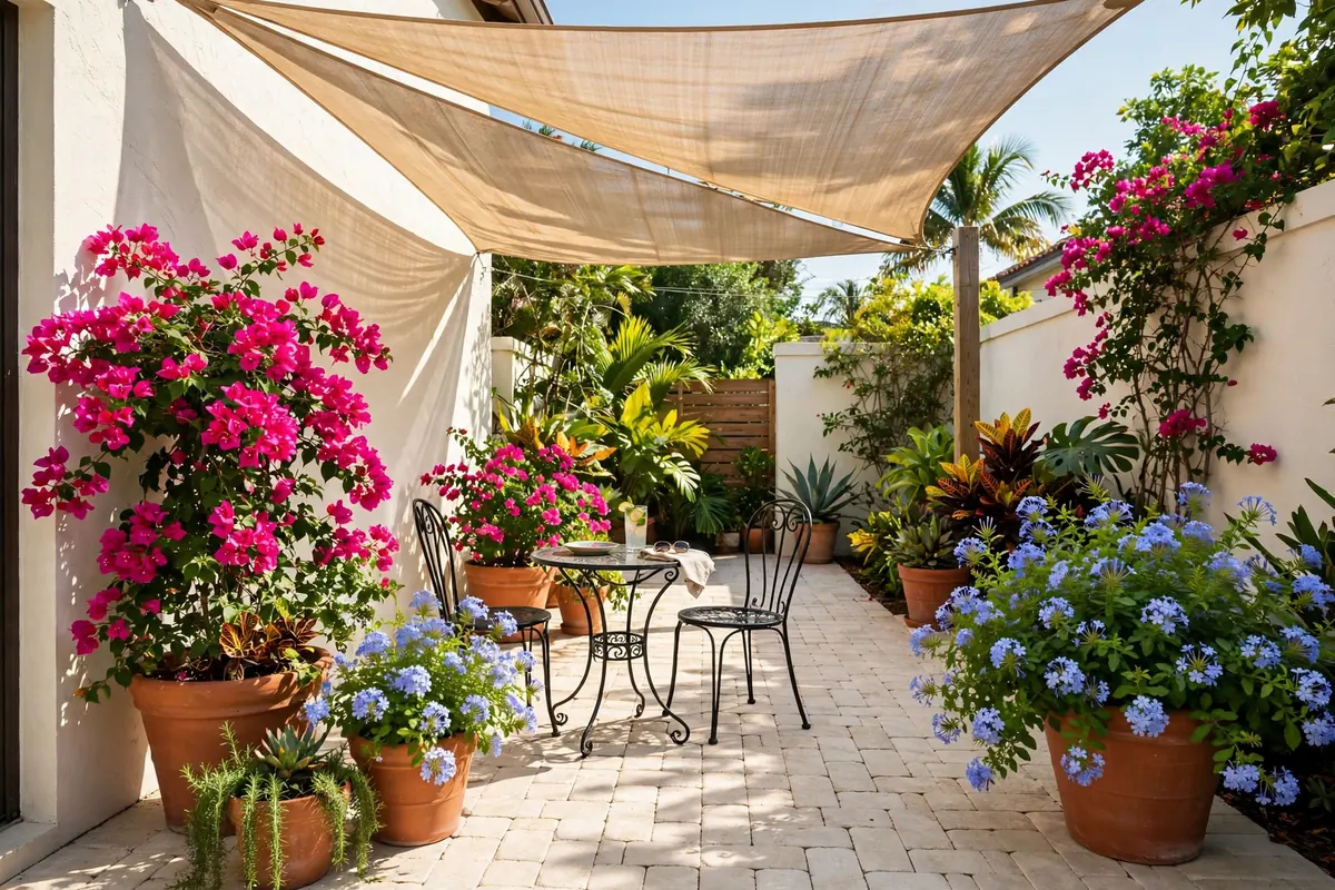 Sunny Florida courtyard with a shade sail, bistro seating and heat-loving bougainvillea in large pots