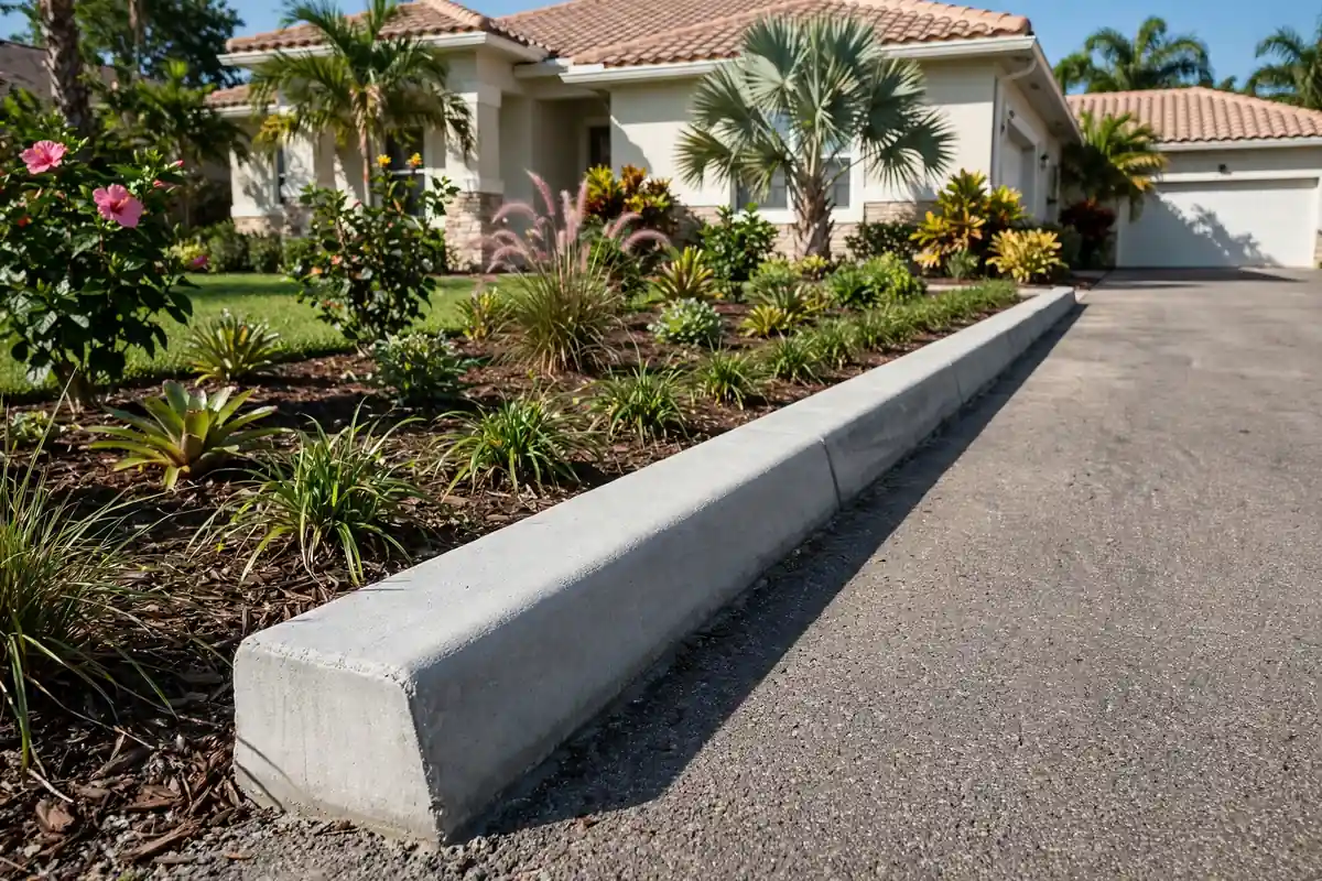 Upright curb style concrete curbing along a driveway