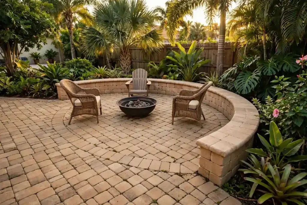 Custom patio ideas: curved paver patio with seat wall and fire pit in a Florida backyard