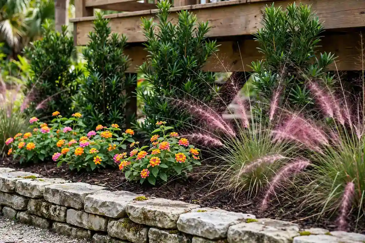 Layered foundation planting bed along the base of a wooden deck with shrubs and mulch