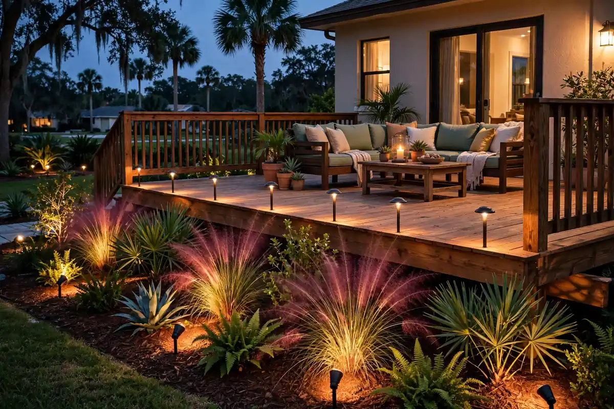 Wooden deck at dusk with warm landscape lighting illuminating surrounding plants