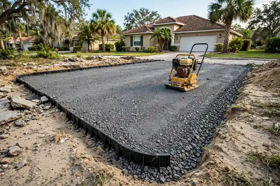 Crushed stone base being compacted for a new paver driveway