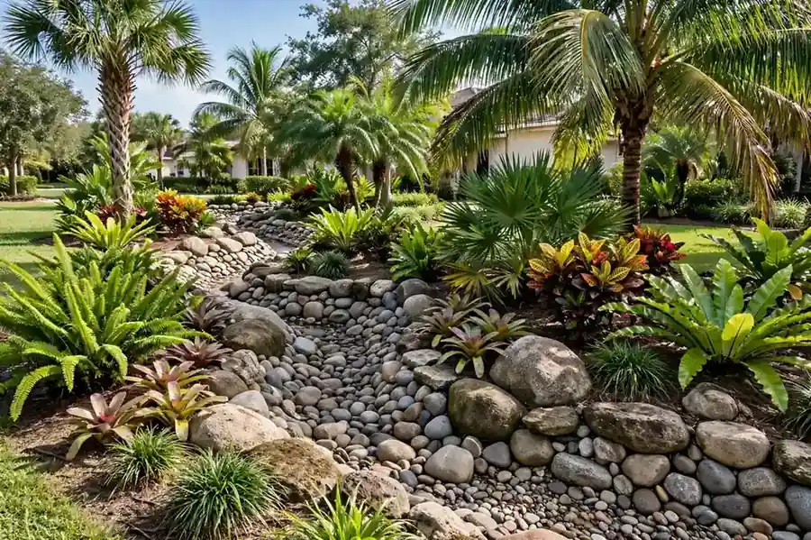 Finished dry creek bed with river rocks in a Florida yard
