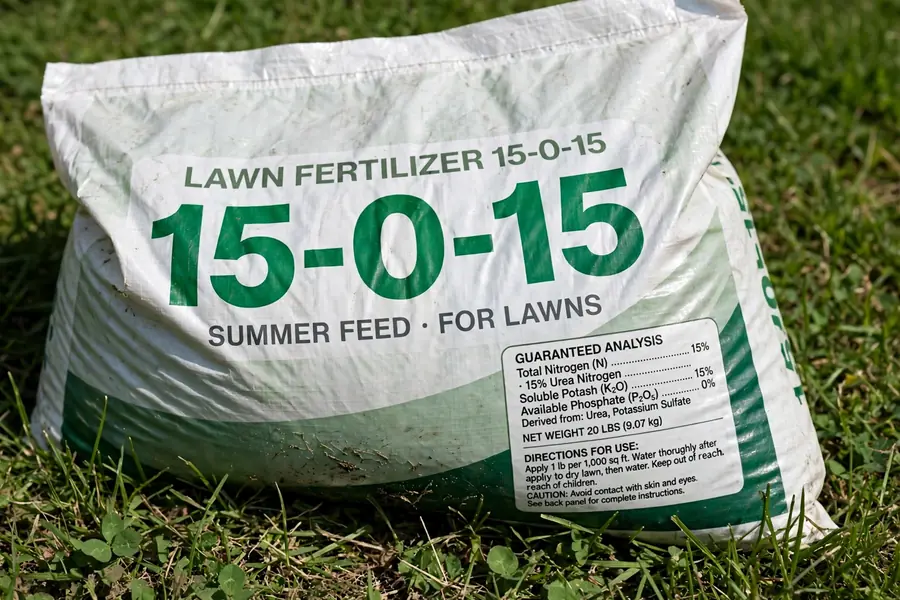 Close-up of a lawn fertilizer bag showing the three-number analysis