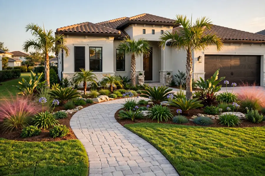 Finished Florida front yard with sod, palms, beds, and a paver walkway