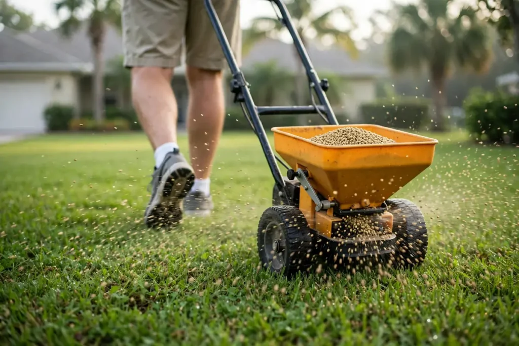 Broadcast spreader applying fertilizer to a green St. Augustine lawn.