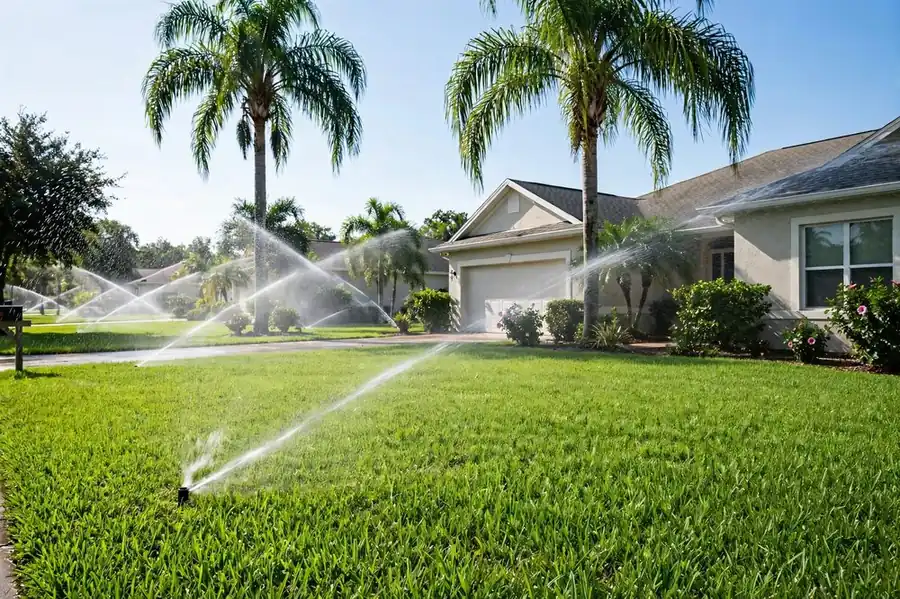 Green Florida lawn with palm trees and sprinklers running, showing year-round grass growth