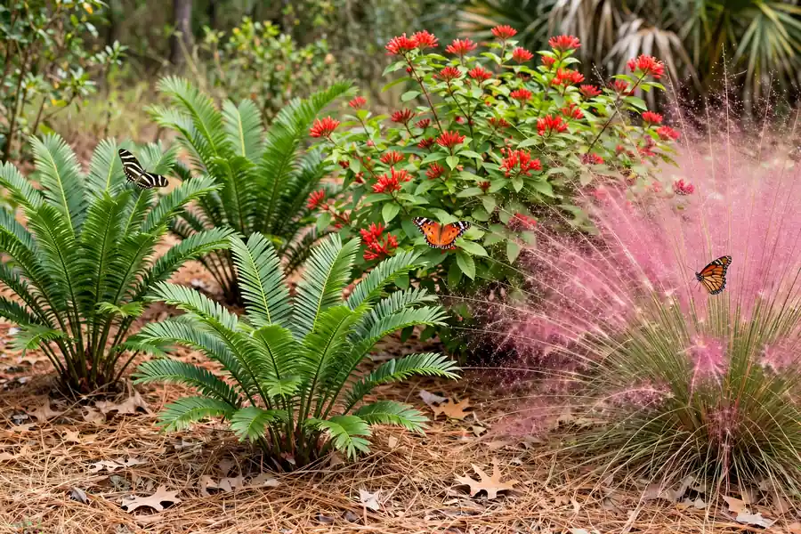 Florida native plant bed with coontie, firebush, and muhly grass