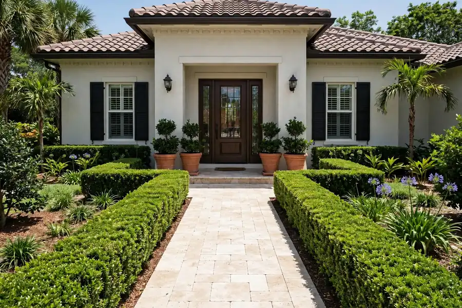 Formal landscape with symmetrical clipped hedges and a straight paver path