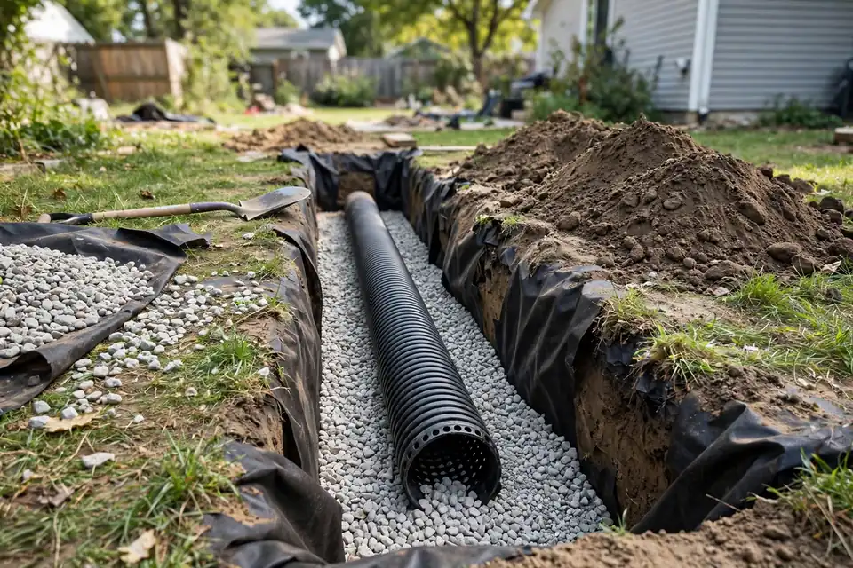 Open trench with perforated pipe and gravel during French drain installation