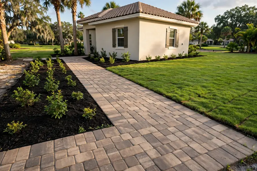 New paver walkway beside freshly planted shrubs and mulch beds
