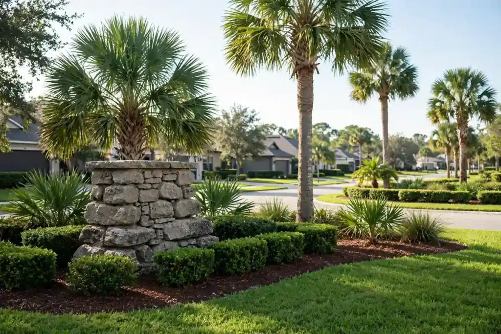 HOA landscape maintenance at a Florida community entrance with palms and trimmed shrubs