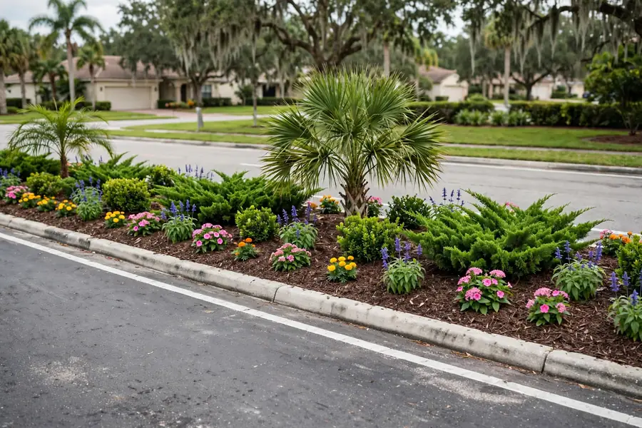 Seasonal flower planting in a landscaped HOA median in Northeast Florida