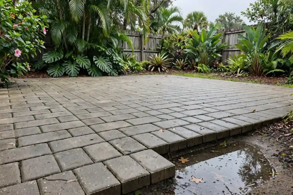 Sunken section of a paver patio with a puddle in the low spot