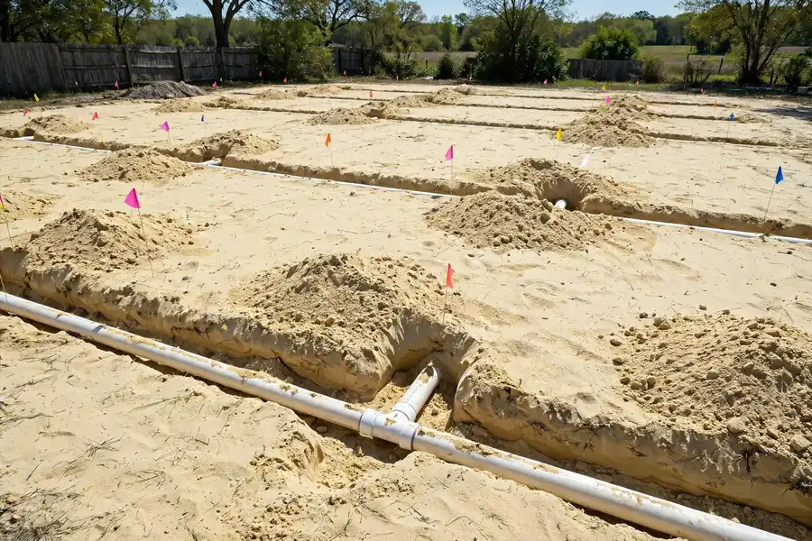 Irrigation lines laid in trenches before planting on a graded yard