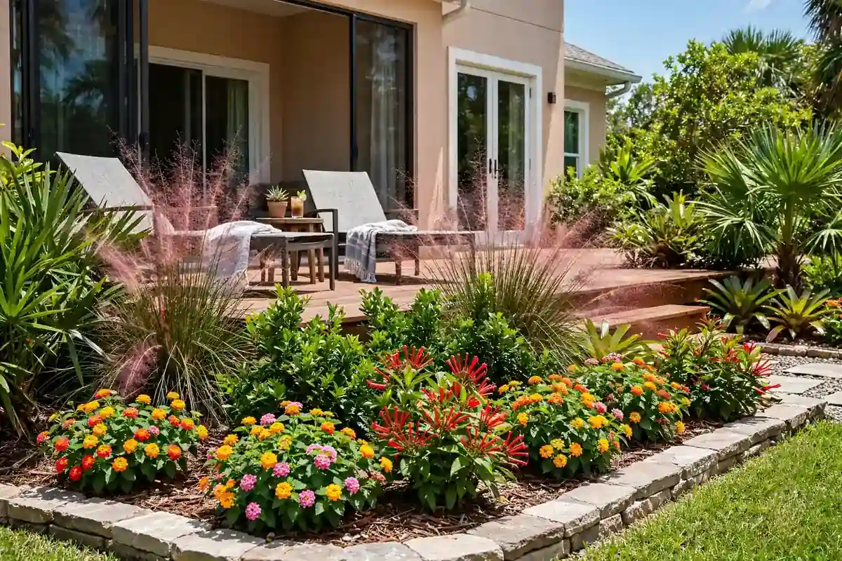 Landscaped wooden deck surrounded by layered Florida plantings with ornamental grasses and colorful flowers