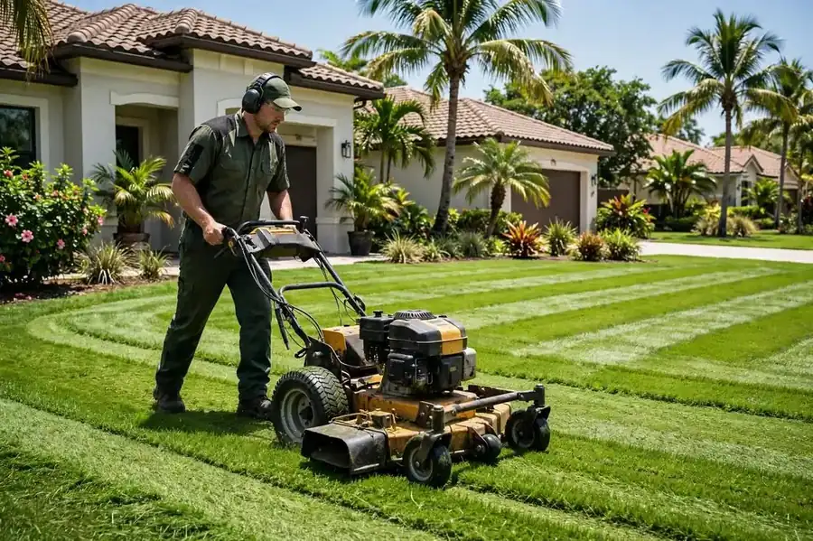 Professional lawn mowing service on a Florida home lawn, showing typical lawn mowing cost in Florida