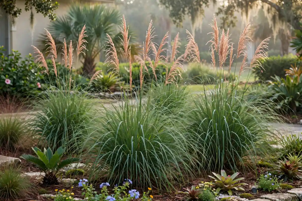 Miscanthus maiden grass with tall upright plumes in a Florida landscape