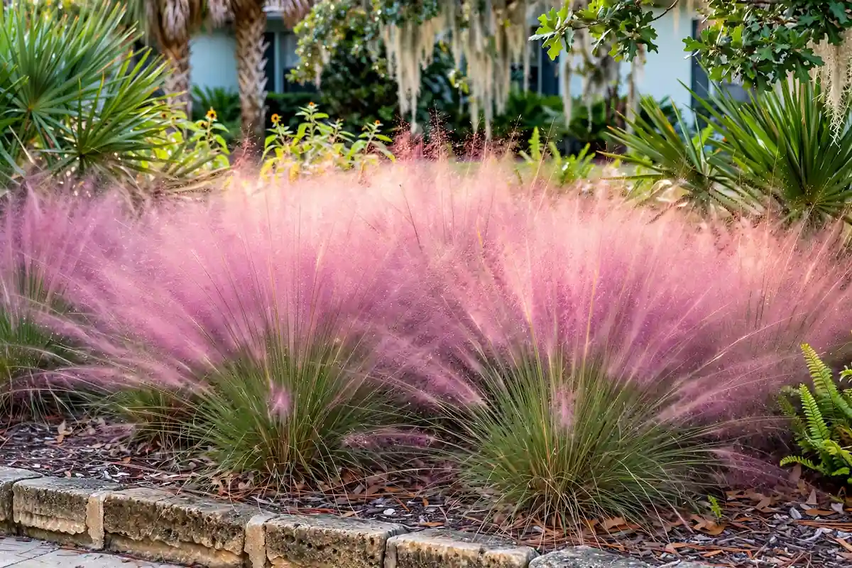 Pink muhly grass with airy pink plumes in fall bloom