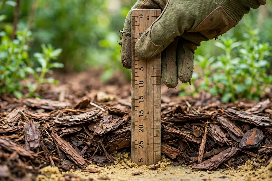 Gloved hand pushing a ruler into a mulch bed to check the depth
