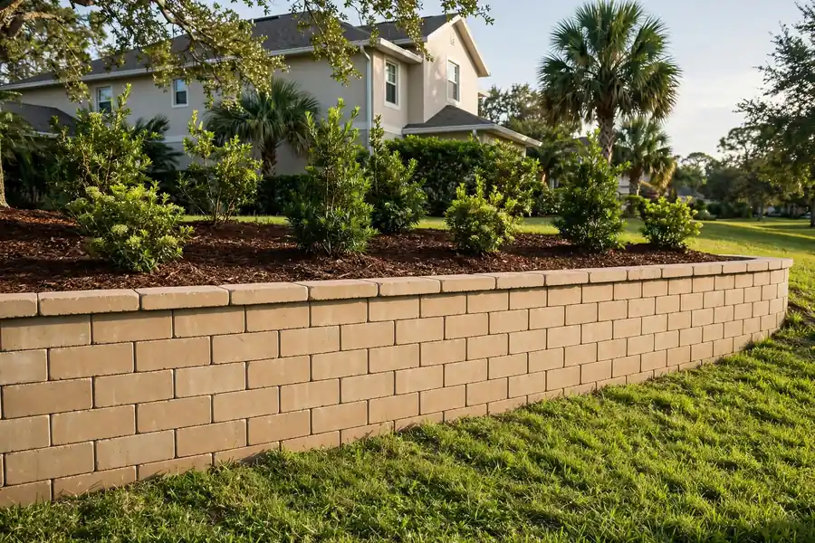 Newly rebuilt paver block retaining wall with planting bed above
