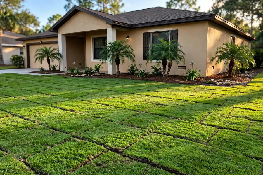 Newly installed green sod lawn in front of a Palm Coast home