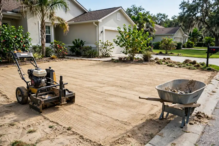 Bare leveled soil after old grass removal, ready for new sod