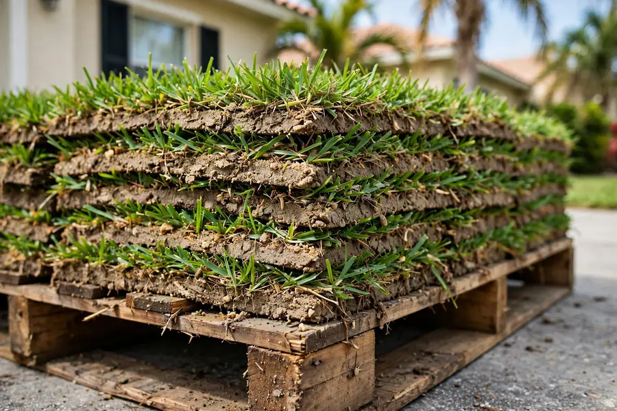 Pallet of freshly cut St. Augustine sod in a residential driveway