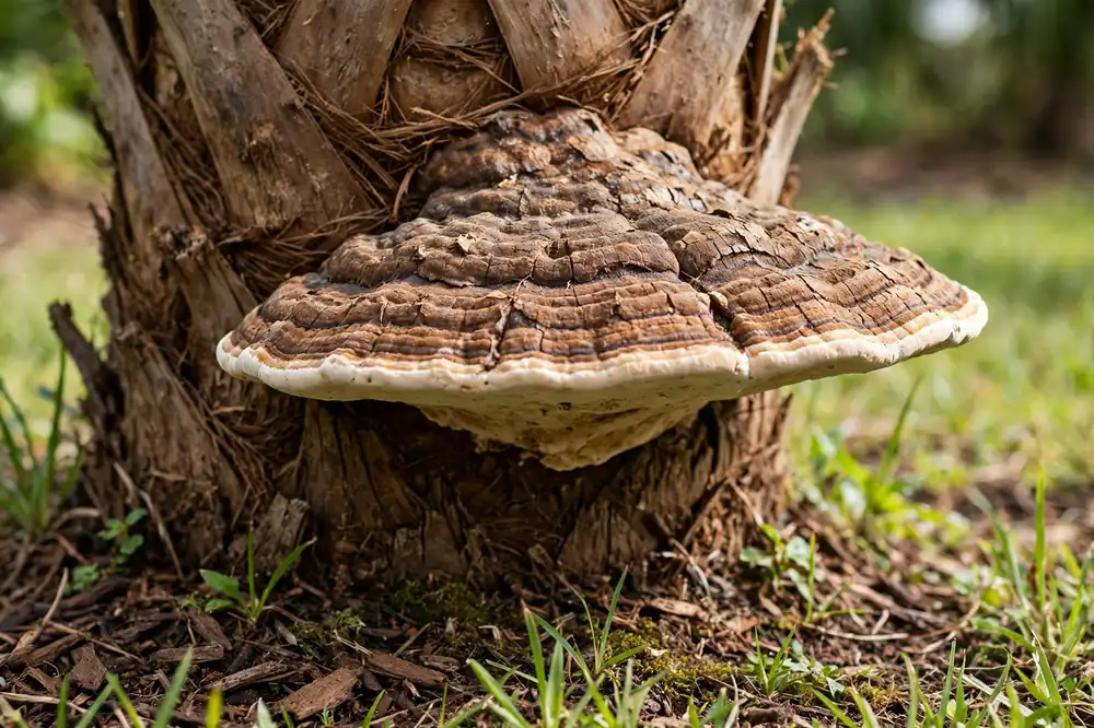 Brown shelf-shaped conk with a cream edge growing at the base of a palm trunk