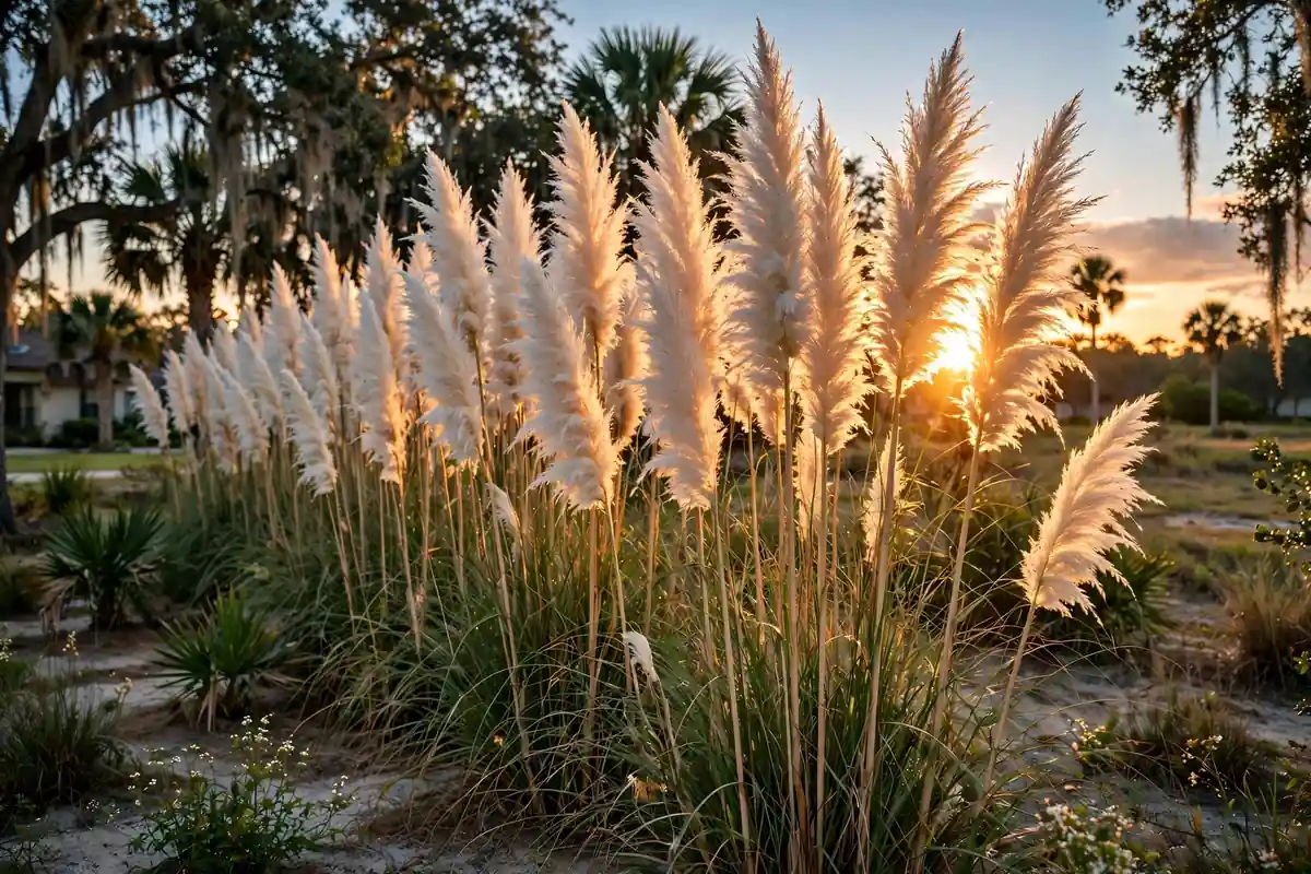 Tall pampas grass plumes glowing at golden hour in a Florida landscape