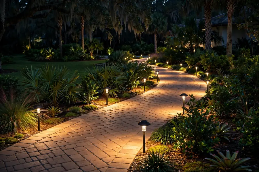 Low-voltage path lights along a paver walkway at night
