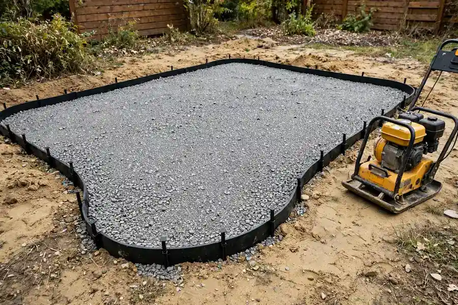 Compacted gravel base and edge restraint ready for patio pavers