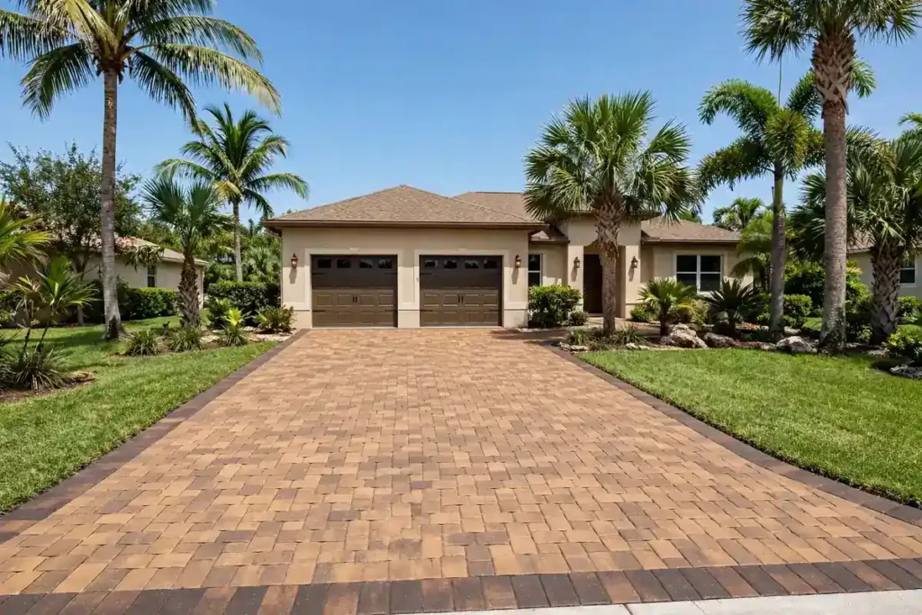 Paver driveway cost guide: new tan paver driveway at a Palm Coast style home